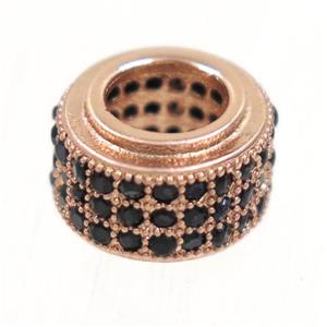 European style copper beads paved zircon, rondelle, rose gold, approx 6x9mm, 5mm hole