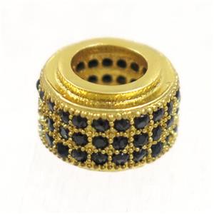 European style copper beads paved zircon, rondelle, gold plated, approx 6x9mm, 5mm hole