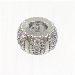 European style copper beads paved zircon, rondelle, platinum plated, approx 8mm dia, 3mm hole