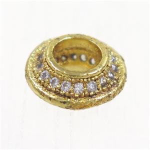 European style copper beads paved zircon, rondelle, gold plated, approx 9.5mm dia, 4mm hole