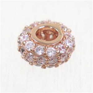 European style copper beads paved zircon, rondelle, rose gold, approx 8mm dia, 3mm hole