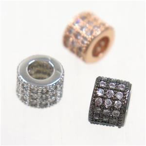 European style copper tube beads paved zircon, mix color, approx 6mm dia, 3mm hole