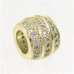 European style copper beads paved zircon, barrel, gold plated, approx 7.5x9.5mm, 5mm hole