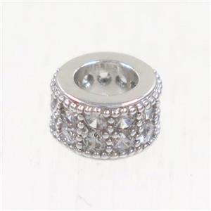 European style copper bead paved zircon, rondelle, platinum plated, approx 4x6mm