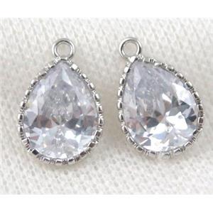 Cubic Zircon teardrop pendant, platinum plated, approx 12x16mm