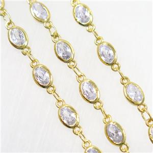 copper chain paved zircon, oval, gold plated, approx 4.5x5.5mm