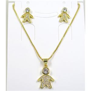 Jelwelry set, copper necklace earring pave zircon, kid, gold plated, approx 10-15mm