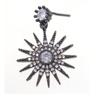 copper starburst earring studs paved zircon, black plated, approx 18mm dia