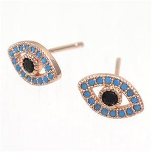 copper evil eye earring studs paved zircon, rose gold, approx 7-11mm