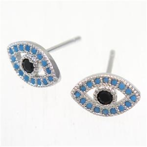 copper evil eye earring studs paved zircon, platinum plated, approx 7-11mm