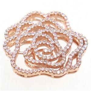 copper flower connector paved zircon, rose gold, approx 23-25mm