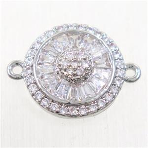 copper sunflower connector paved zircon, platinum plated, approx 13mm dia