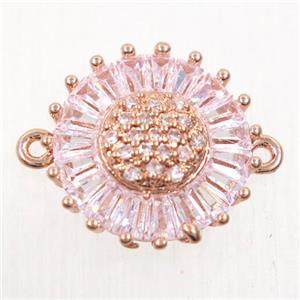 copper sunflower connector paved zircon, rose gold, approx 14mm dia