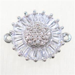 copper sunflower connector paved zircon, platinum plated, approx 14mm dia