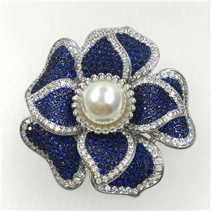 copper flower brooches pave zircon with pearl, revolvable, platinum plated, approx 45mm dia