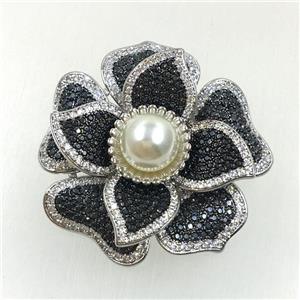 copper flower brooches pave zircon with pearl, revolvable, platinum plated, approx 45mm dia