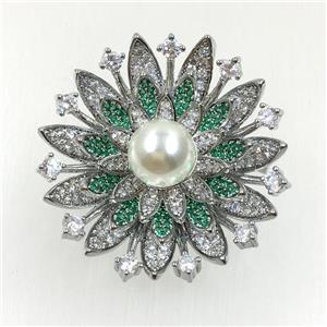 copper flower brooches pave zircon with pearl, revolvable, platinum plated, approx 40mm dia