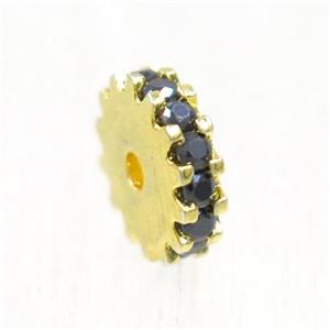 copper rondelle beads pave black zircon, gold plated, approx 8mm dia