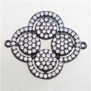 copper clover connector paved zircon, black plated, approx 21mm dia