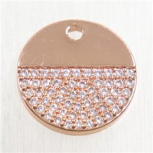 copper circle pendant paved zircon, rose gold, approx 15mm dia