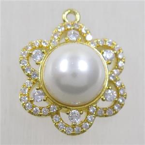 copper flower pendant paved zircon with shell, gold plated, approx 18mm dia