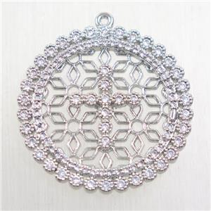 copper pendant paved zircon, platinum plated, approx 30mm dia