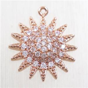 copper sun pendant paved zircon, rose gold, approx 18mm dia