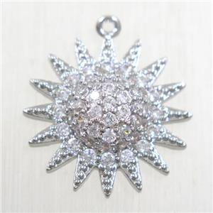 copper sun pendant paved zircon, platinum plated, approx 18mm dia