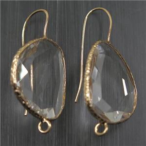 clear crystal glass earring hook with loop, gold plated, approx 20-25mm