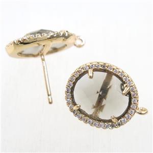 copper earring studs paved zircon with smoky crystal glass, gold plated, approx 15-17mm