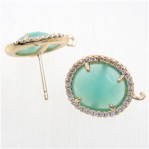 copper earring studs paved zircon with lt.green crystal glass, gold plated, approx 15-17mm