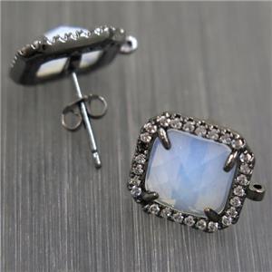 copper square earring studs paved zircon with white opalite crystal glass, black plated, approx 13x13mm