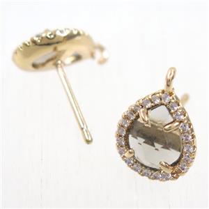 copper teardrop earring studs paved zircon with clear crystal glass, gold plated, approx 10-12mm