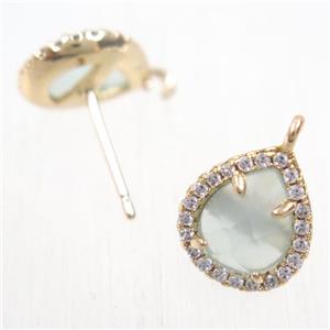 copper teardrop earring studs paved zircon with lt.blue crystal glass, gold plated, approx 10-12mm