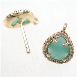 copper teardrop earring studs paved zircon with green crystal glass, gold plated, approx 10-12mm