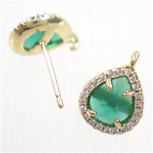 copper teardrop earring studs paved zircon with green crystal glass, gold plated, approx 10-12mm