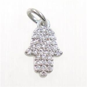 copper hamsaHand pendant paved zircon, platinum plated, approx 8-10mm