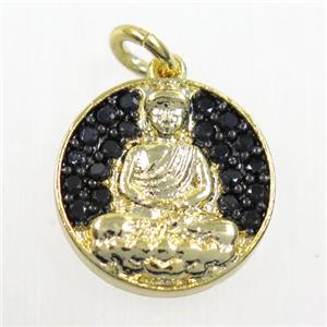 copper buddha pendant paved zircon, gold plated, approx 14mm dia