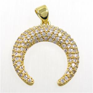 copper crescent moon pendant paved zircon, gold plated, approx 20mm dia