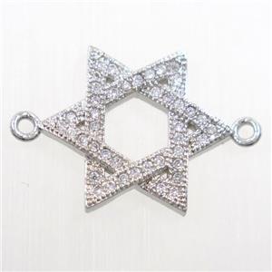 copper david star connector paved zircon, platinum plated, approx 16-18mm