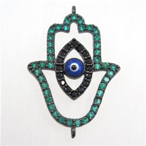 copper HamsaHand connector paved green zircon, evil eye, black plated, approx 19-25mm