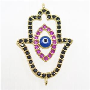 copper HamsaHand connector paved zircon, evil eye, gold plated, approx 19-25mm