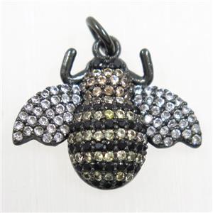 copper Honeybee charm pendants paved zircon, black plated, approx 15-20mm