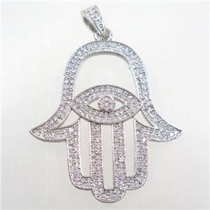 copper Hamsa Hand pendant paved zircon, platinum plated, approx 35-38mm