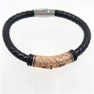 black PU leather cuff bracelet with copper beads pave zircon, approx 60mm dia