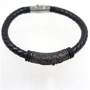 black PU leather cuff bracelet with copper beads pave zircon, approx 60mm dia