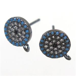 copper Earring Studs paved zircon, black plated, approx 9mm dia