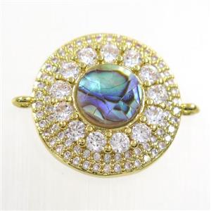 copper circle connector paved zircon with abalone shell, gold plated, approx 18mm dia