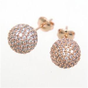 copper earring studs paved zircon, round, rose gold, approx 10mm dia