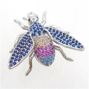 copper honeybee charm pendant paved zircon, platinum plated, approx 20-27mm